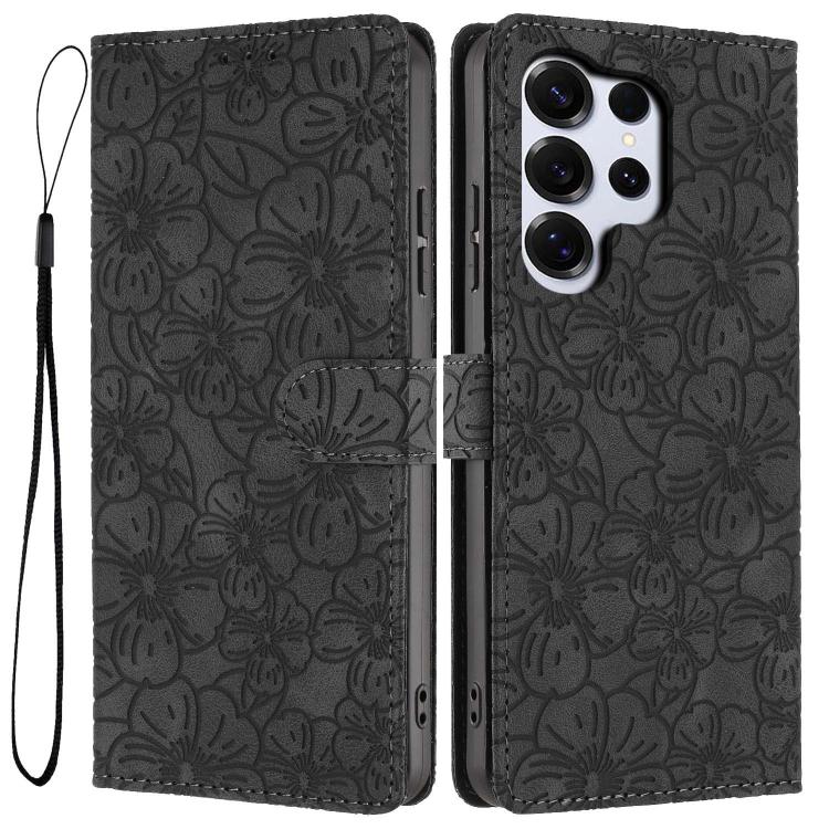 

For Samsung Galaxy S26 Ultra 5G Cherry Blossoms Embossed Leather Phone Case(Black)