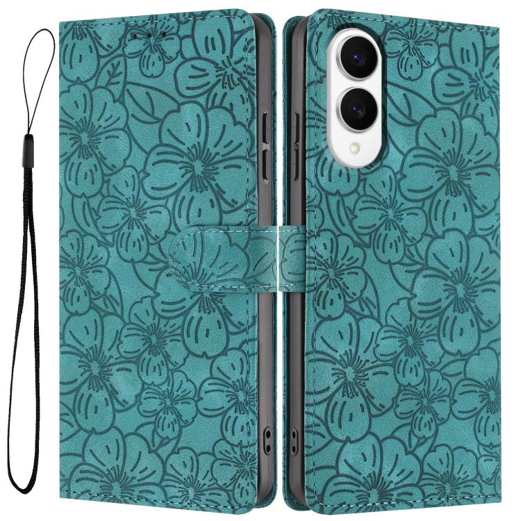 

For Samsung Galaxy S25 Edge 5G Cherry Blossoms Embossed Leather Phone Case(Green)