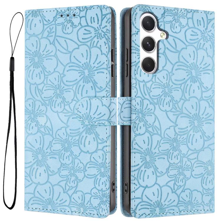 

For Samsung Galaxy S25 FE 5G Cherry Blossoms Embossed Leather Phone Case(Light Blue)