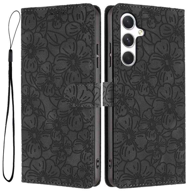 

For Samsung Galaxy S25 FE 5G Cherry Blossoms Embossed Leather Phone Case(Black)