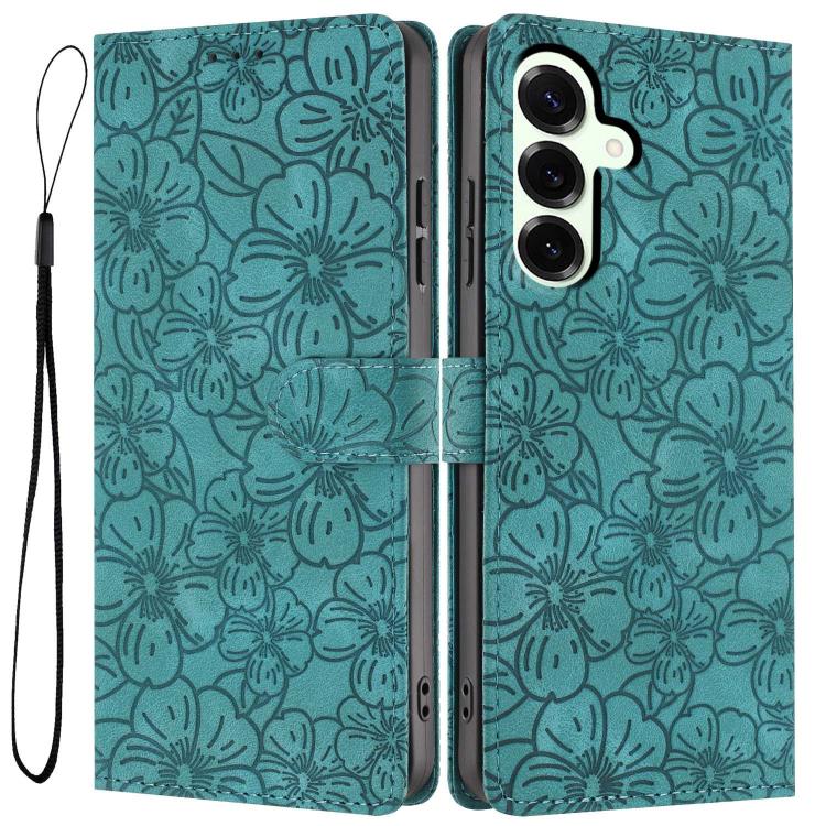 

For Samsung Galaxy S25+ 5G Cherry Blossoms Embossed Leather Phone Case(Green)
