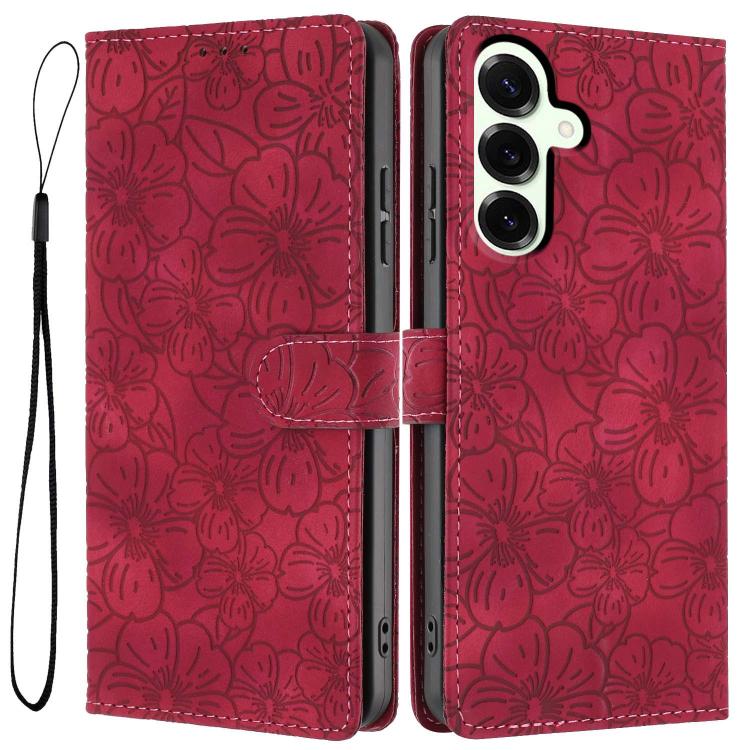 

For Samsung Galaxy S25+ 5G Cherry Blossoms Embossed Leather Phone Case(Red)