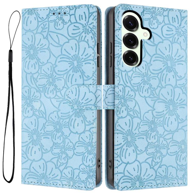 

For Samsung Galaxy S25 5G Cherry Blossoms Embossed Leather Phone Case(Light Blue)