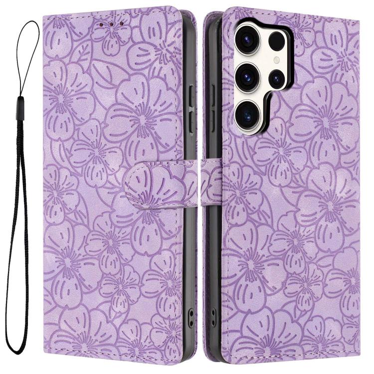 

For Samsung Galaxy S24 Ultra 5G Cherry Blossoms Embossed Leather Phone Case(Purple)