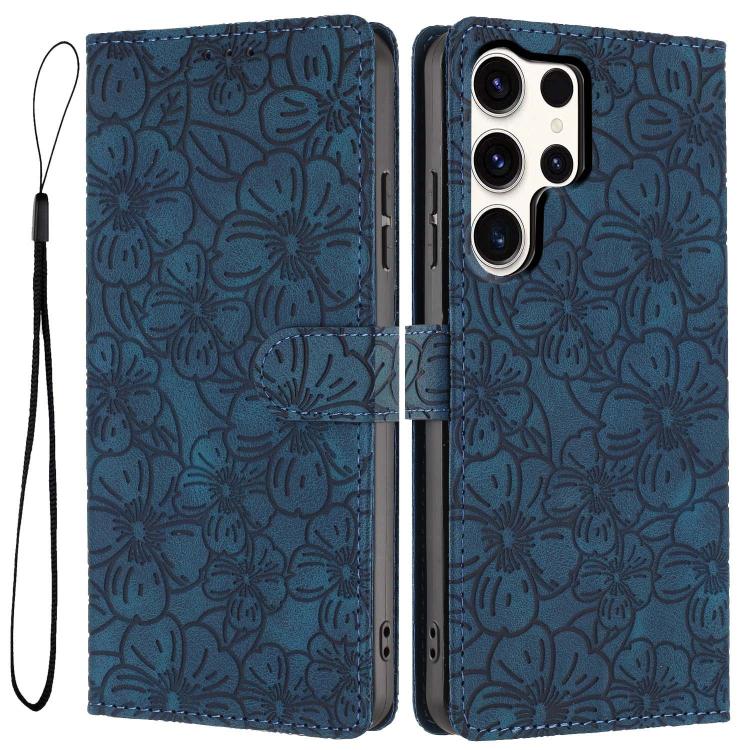 

For Samsung Galaxy S24 Ultra 5G Cherry Blossoms Embossed Leather Phone Case(Dark Blue)