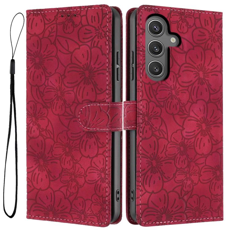 

For Samsung Galaxy S24+ 5G Cherry Blossoms Embossed Leather Phone Case(Red)