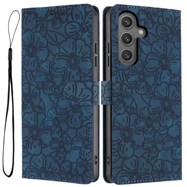 

For Samsung Galaxy S23 FE 5G Cherry Blossoms Embossed Leather Phone Case(Dark Blue)
