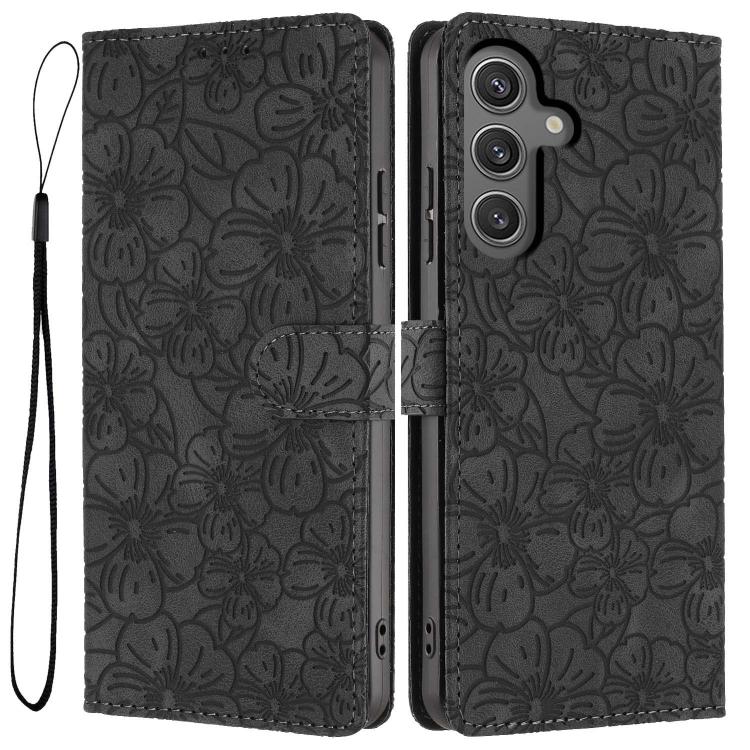 

For Samsung Galaxy S23 FE 5G Cherry Blossoms Embossed Leather Phone Case(Black)