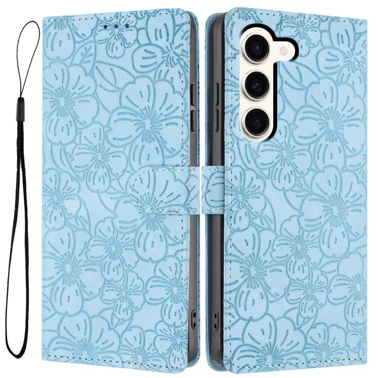 

For Samsung Galaxy S23 5G Cherry Blossoms Embossed Leather Phone Case(Light Blue)