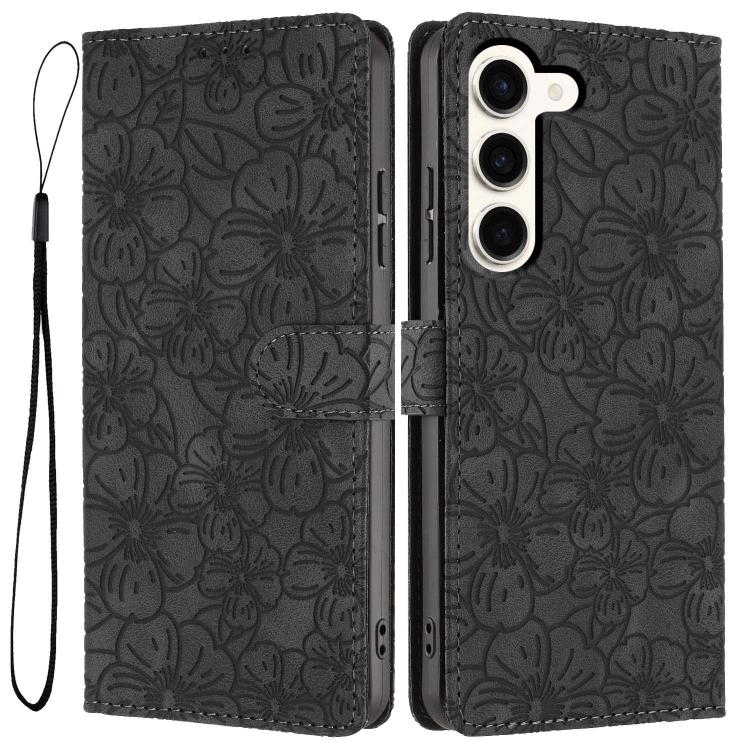 

For Samsung Galaxy S23 5G Cherry Blossoms Embossed Leather Phone Case(Black)