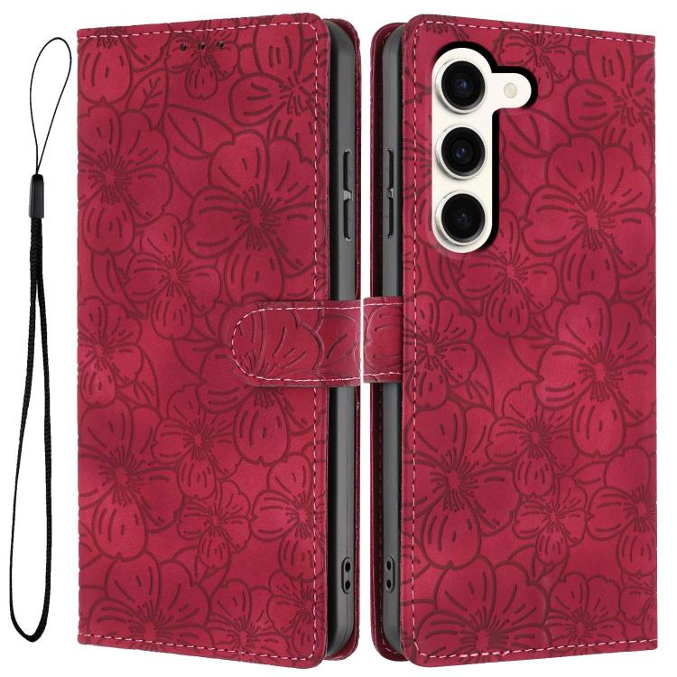 

For Samsung Galaxy S23+ 5G Cherry Blossoms Embossed Leather Phone Case(Red)
