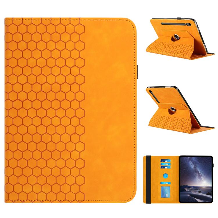 

For Samsung Galaxy Tab S9+ / Tab S9 FE+ Rotatable Honeycomb Embossed Smart Leather Tablet Case(Yellow)