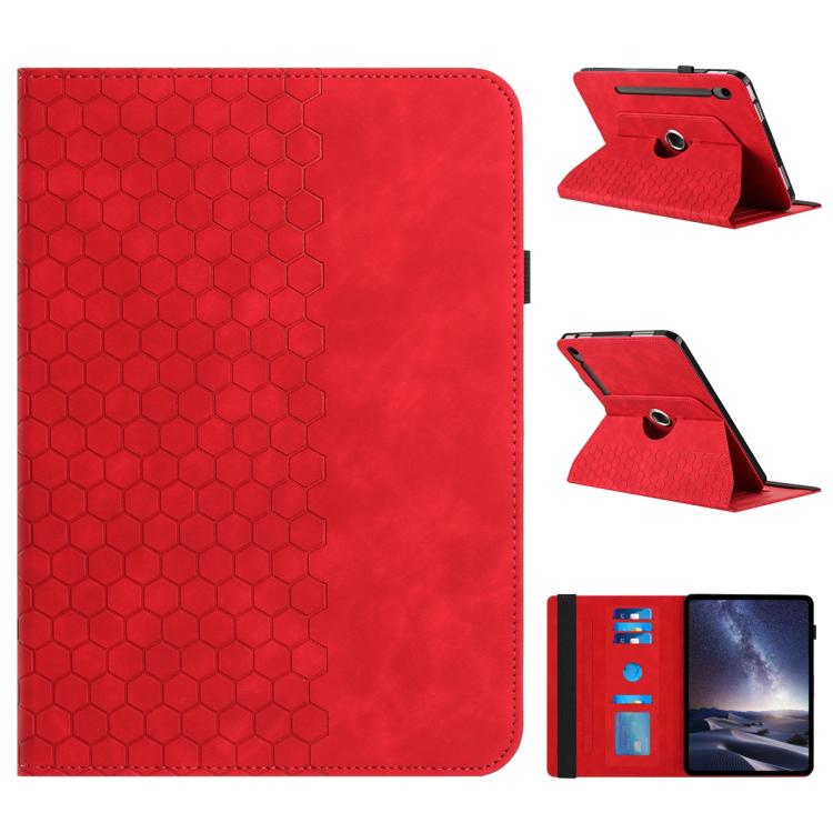 

For Samsung Galaxy Tab S9 / Tab S9 FE Rotatable Honeycomb Embossed Smart Leather Tablet Case(Red)