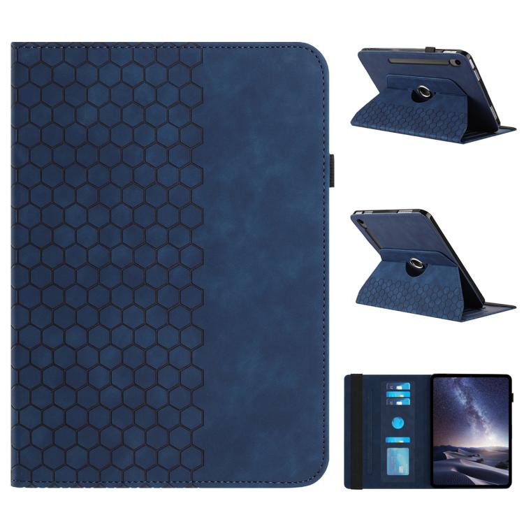 

For Samsung Galaxy Tab S9 / Tab S9 FE Rotatable Honeycomb Embossed Smart Leather Tablet Case(Blue)