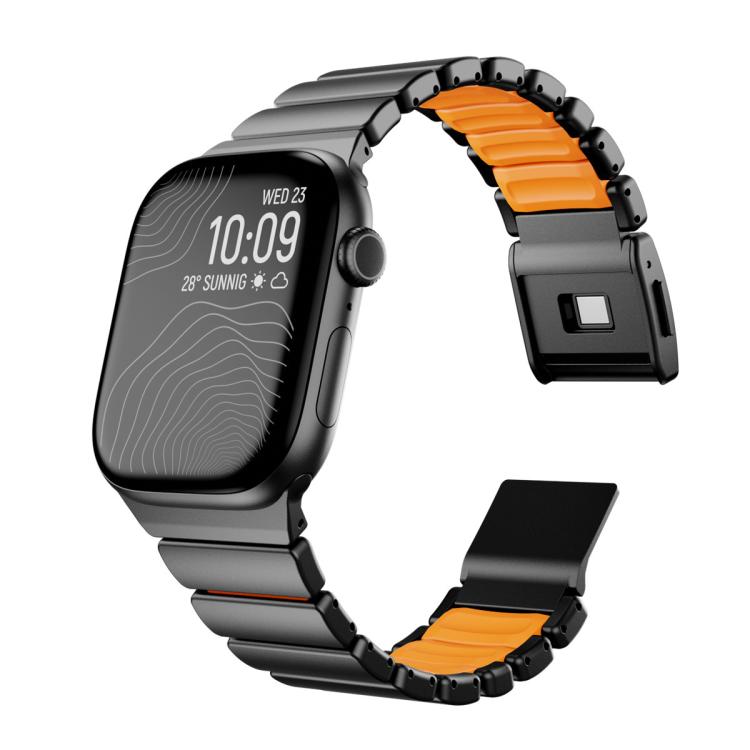 

For Apple Watch 46mm / 49mm / 45mm / 44mm Magnetic Norman Buckle Integrated One-bead Stainless Steel Watch Band(Black Orange)