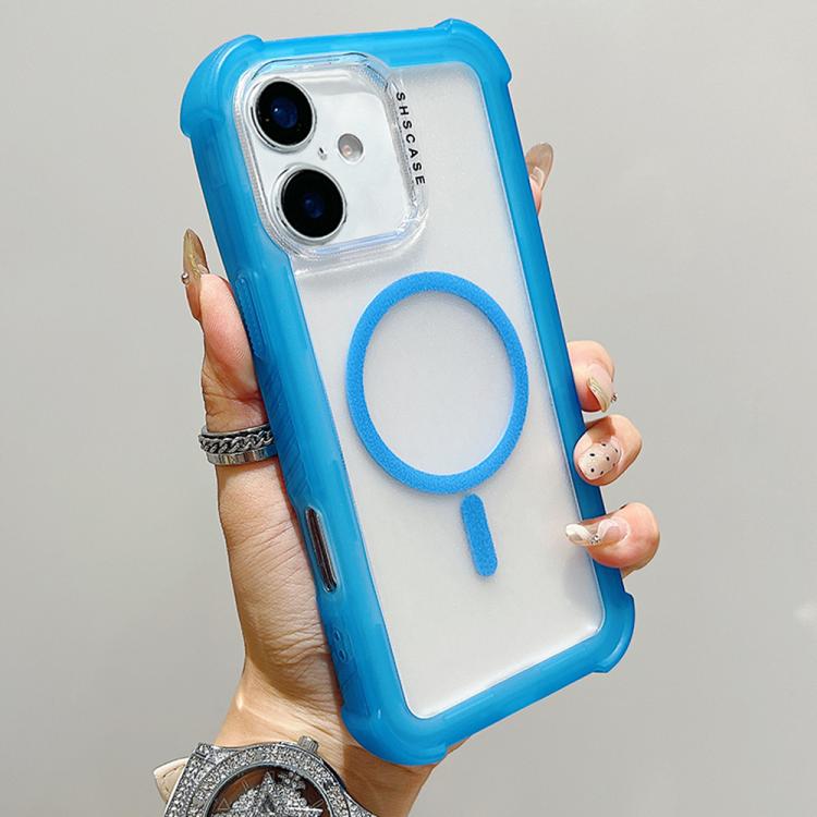 

For iPhone 16 Transparent Matte TPU Hybrid PC 3-in-1 MagSafe Phone Case(Blue)