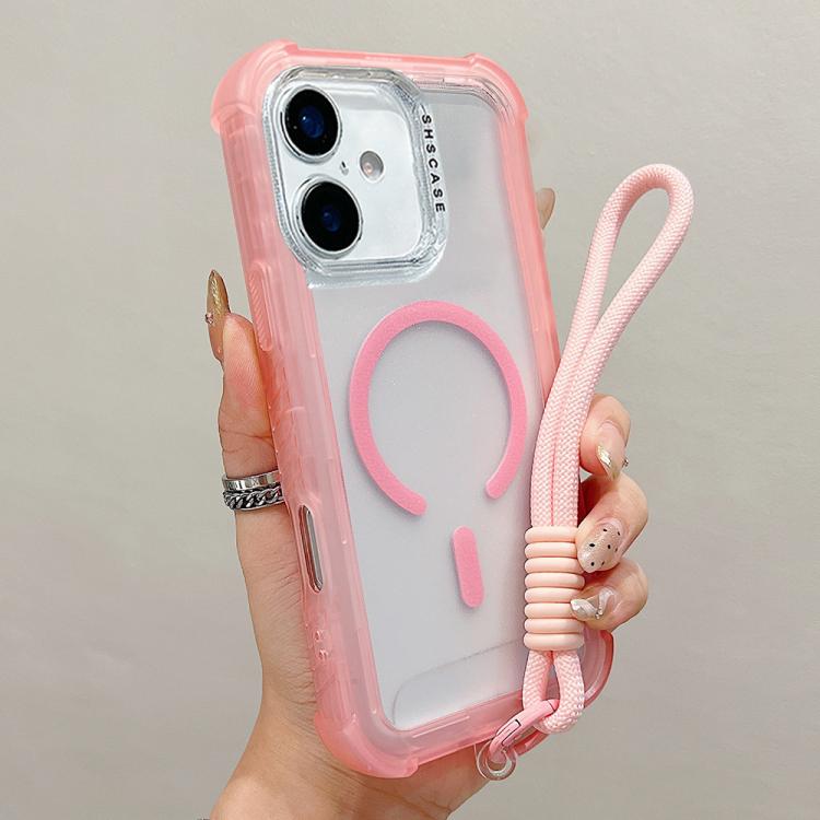 

For iPhone 17 Transparent Matte TPU Hybrid PC 3-in-1 MagSafe Phone Case with Wrist Strap(Pink)