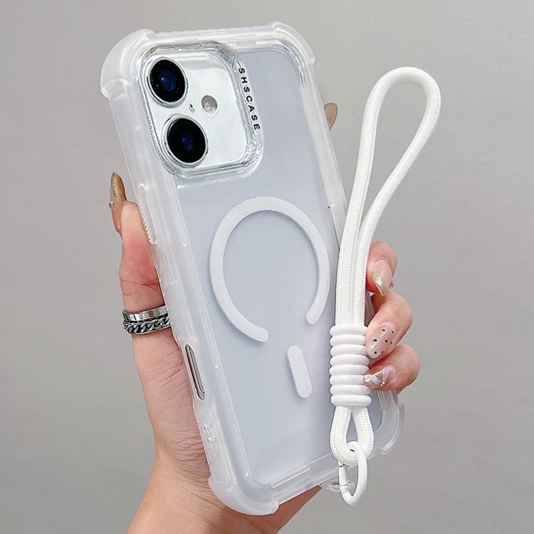

For iPhone 17 Transparent Matte TPU Hybrid PC 3-in-1 MagSafe Phone Case with Wrist Strap(White)