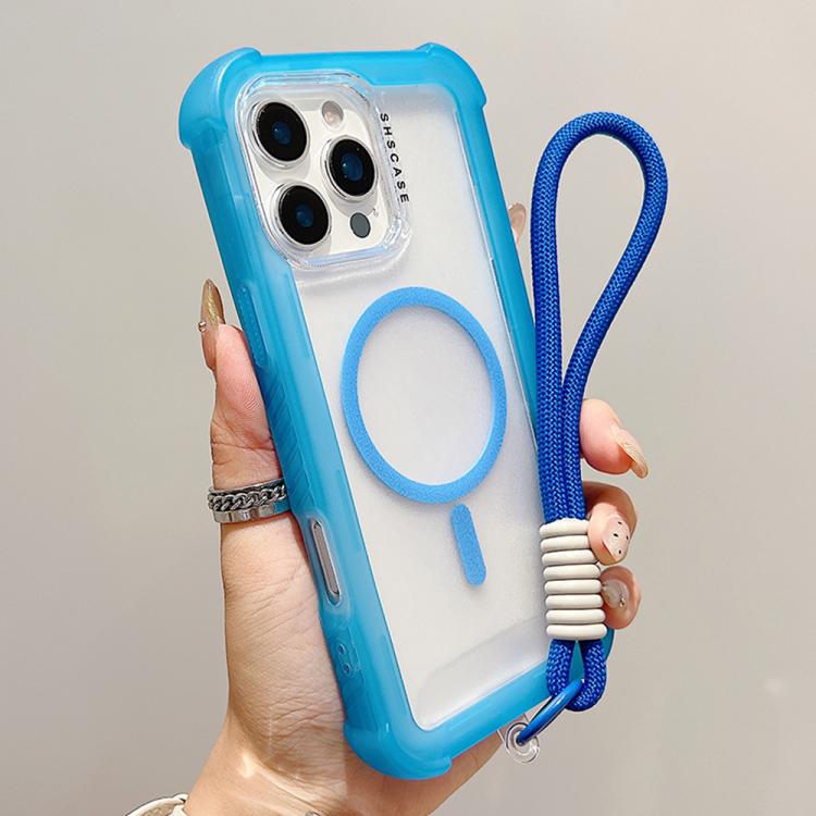 For iPhone 16 Pro Max Transparent Matte TPU Hybrid PC 3-in-1 MagSafe Phone Case with Wrist Strap(Blue)