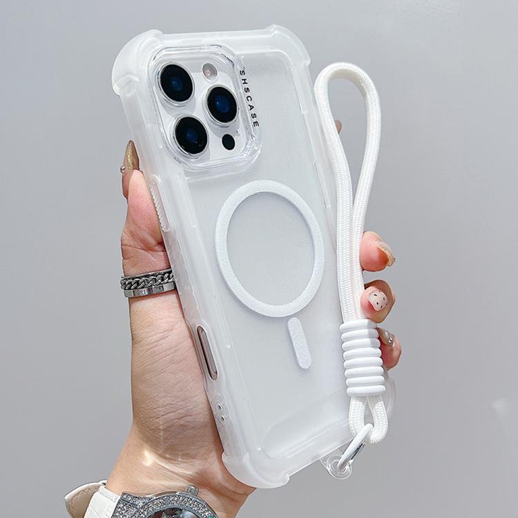 For iPhone 16 Pro Transparent Matte TPU Hybrid PC 3-in-1 MagSafe Phone Case with Wrist Strap(White)