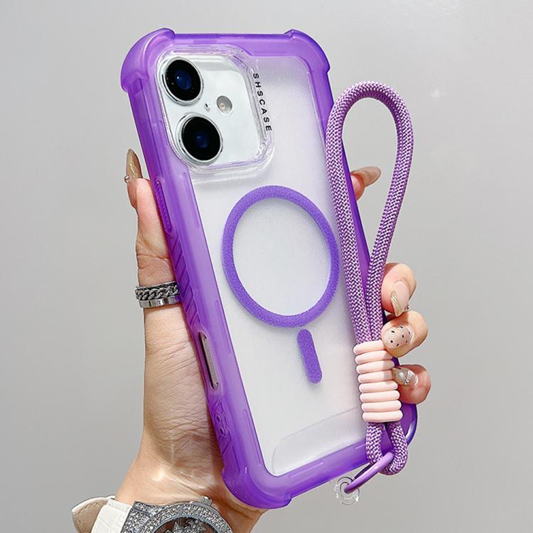 For iPhone 16 Plus Transparent Matte TPU Hybrid PC 3-in-1 MagSafe Phone Case with Wrist Strap(Purple)