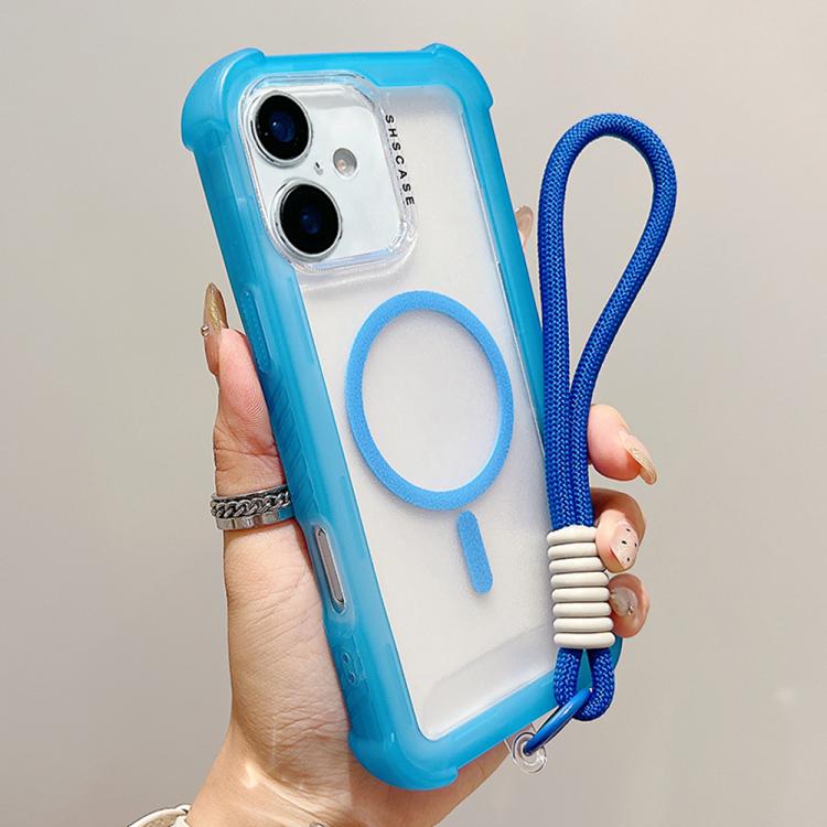 

For iPhone 16 Plus Transparent Matte TPU Hybrid PC 3-in-1 MagSafe Phone Case with Wrist Strap(Blue)