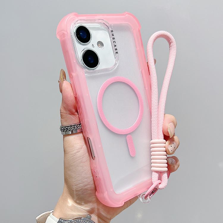 

For iPhone 16 Transparent Matte TPU Hybrid PC 3-in-1 MagSafe Phone Case with Wrist Strap(Pink)