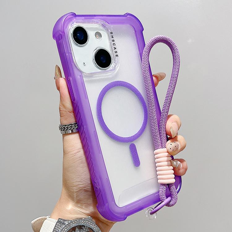 For iPhone 15 Plus Transparent Matte TPU Hybrid PC 3-in-1 MagSafe Phone Case with Wrist Strap(Purple)
