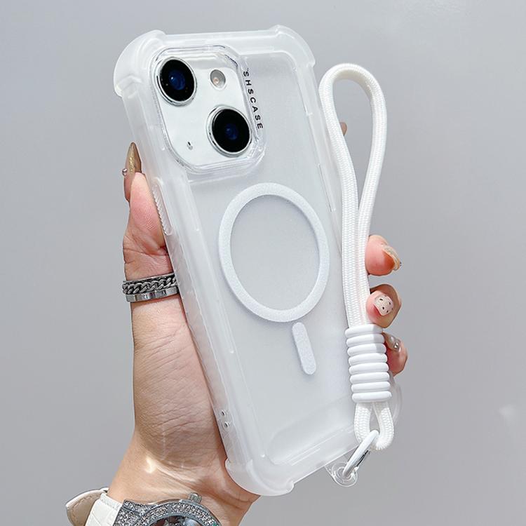 

For iPhone 15 Plus Transparent Matte TPU Hybrid PC 3-in-1 MagSafe Phone Case with Wrist Strap(White)