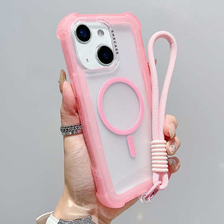 

For iPhone 14 Plus Transparent Matte TPU Hybrid PC 3-in-1 MagSafe Phone Case with Wrist Strap(Pink)