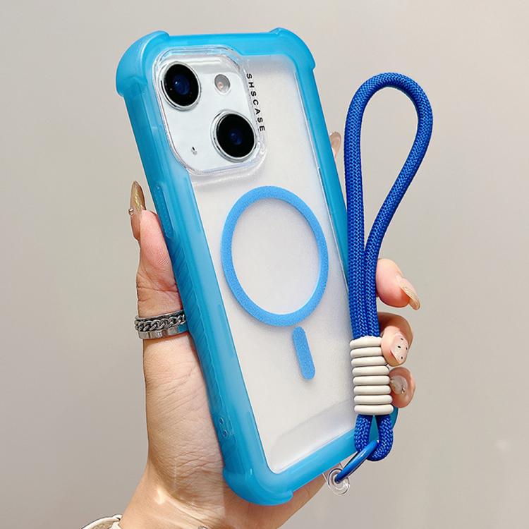 

For iPhone 14 Plus Transparent Matte TPU Hybrid PC 3-in-1 MagSafe Phone Case with Wrist Strap(Blue)