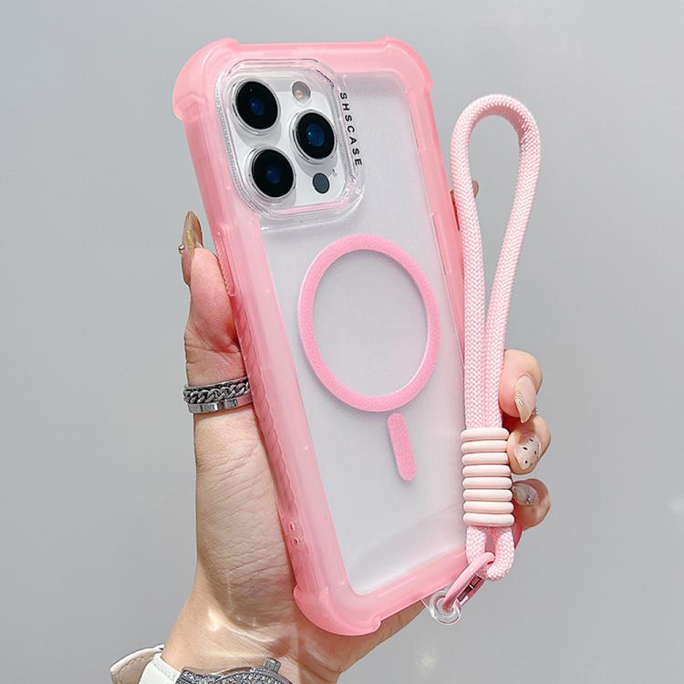 For iPhone 13 Pro Max Transparent Matte TPU Hybrid PC 3-in-1 MagSafe Phone Case with Wrist Strap(Pink)