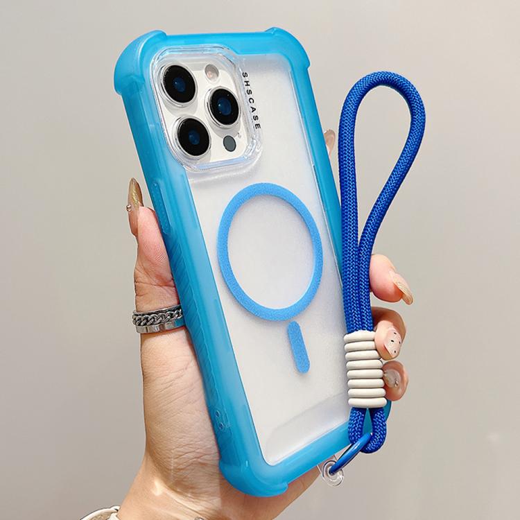 

For iPhone 13 Pro Transparent Matte TPU Hybrid PC 3-in-1 MagSafe Phone Case with Wrist Strap(Blue)