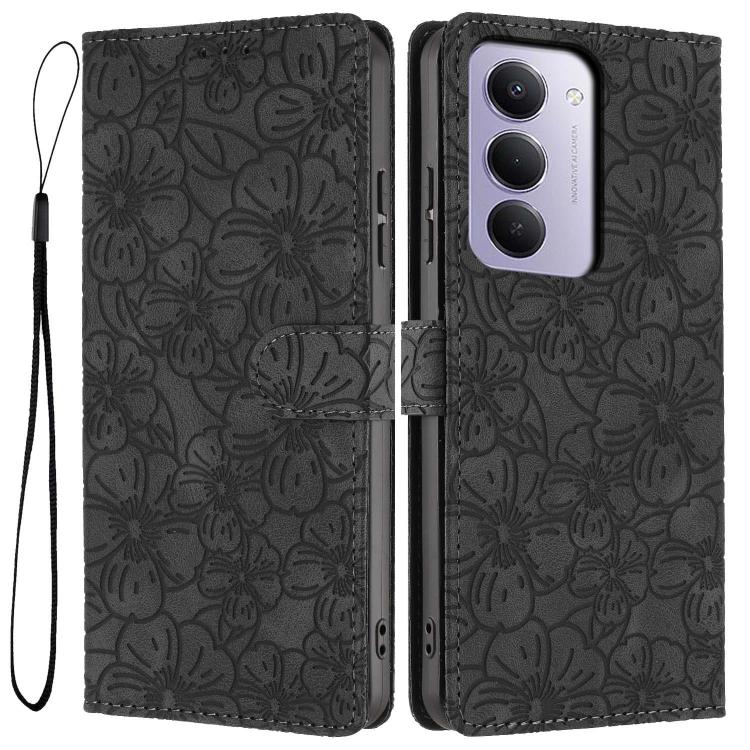 

For Redmi 15 5G Global / 15 4G SEA 169.5mm Cherry Blossoms Embossed Leather Phone Case(Black)