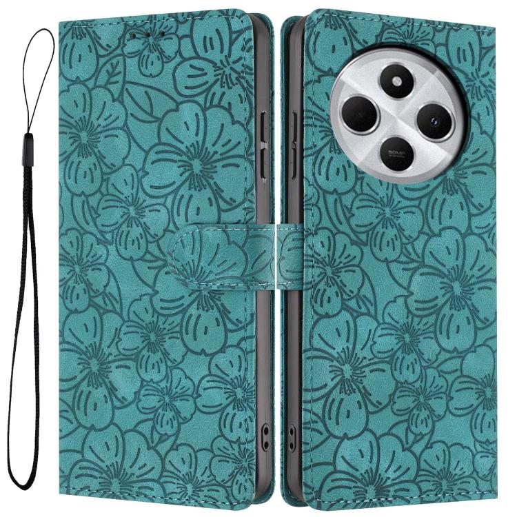 

For Redmi 14C Cherry Blossoms Embossed Leather Phone Case(Green)