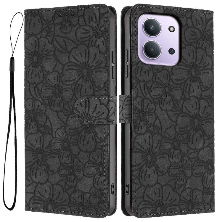 

For Redmi 15C 5G / 4G Global 171mm Cherry Blossoms Embossed Leather Phone Case(Black)