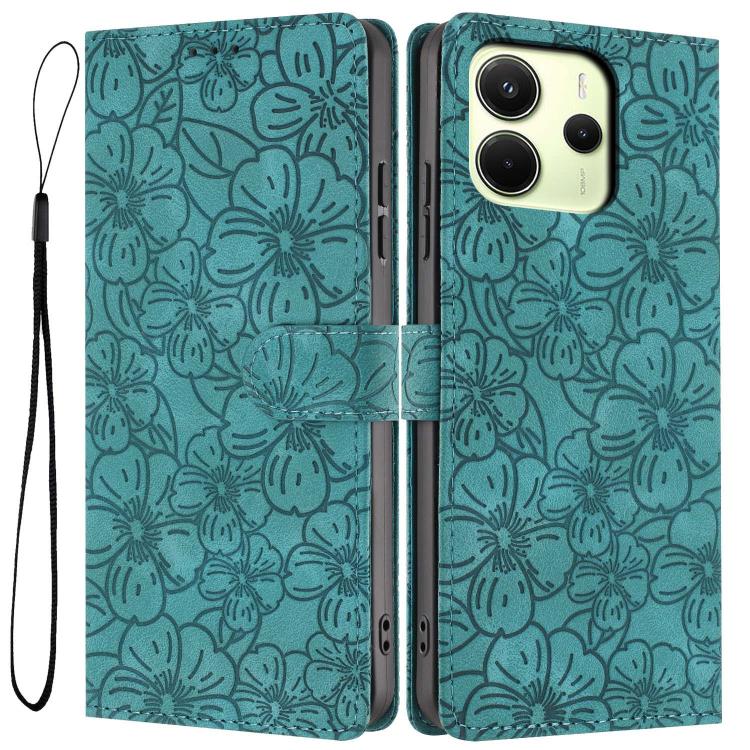 

For Redmi Note 14 4G Global 163.25mm Cherry Blossoms Embossed Leather Phone Case(Green)