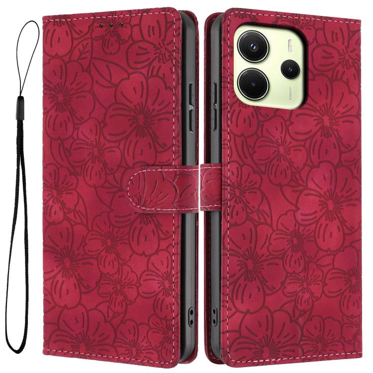 

For Redmi Note 14 4G Global 163.25mm Cherry Blossoms Embossed Leather Phone Case(Red)