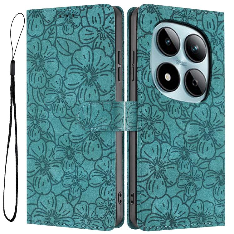 

For Redmi Note 15 Pro+ 5G Global 163.3mm Cherry Blossoms Embossed Leather Phone Case(Green)