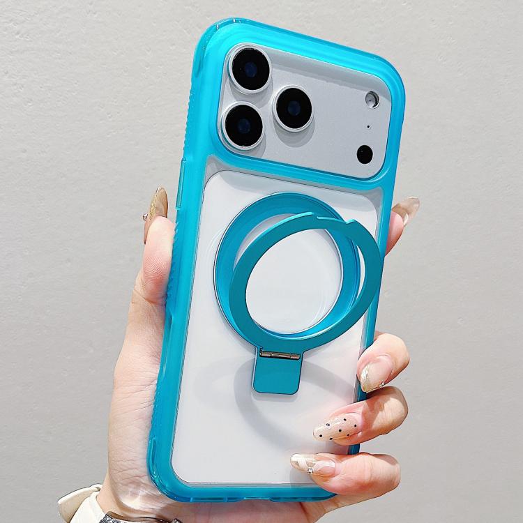 

For iPhone 17 Pro Translucent Edge Transparency Metal Holder MagSafe Phone Case(Sky Blue)