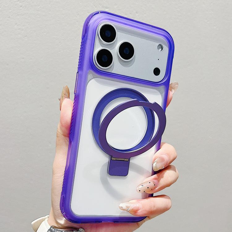 

For iPhone 17 Pro Translucent Edge Transparency Metal Holder MagSafe Phone Case(Purple)