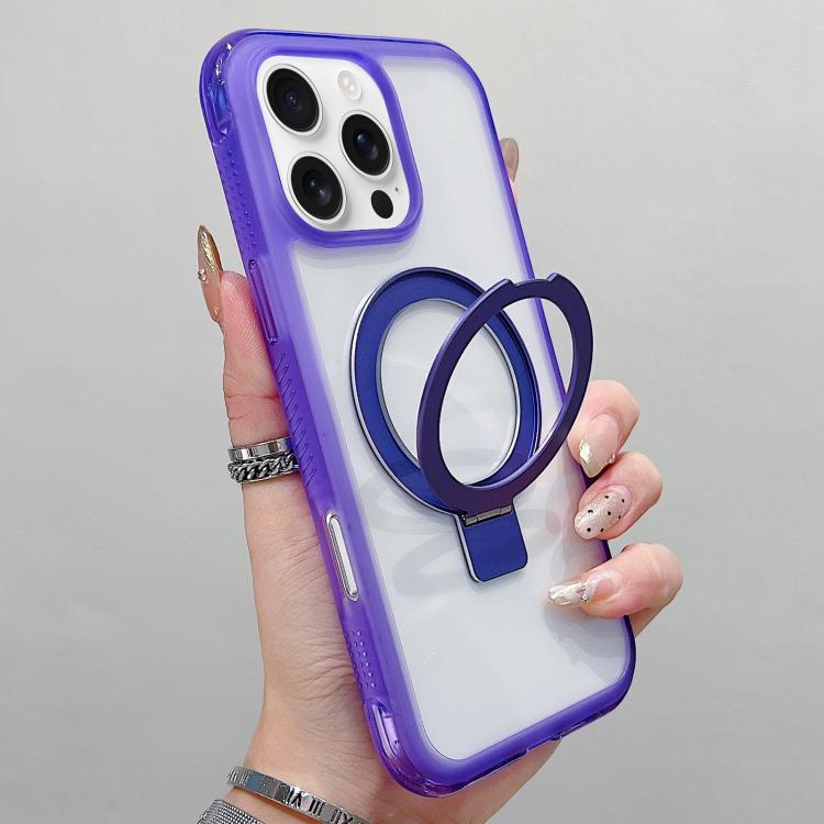 

For iPhone 16 Pro Max Translucent Edge Transparency Metal Holder MagSafe Phone Case(Purple)