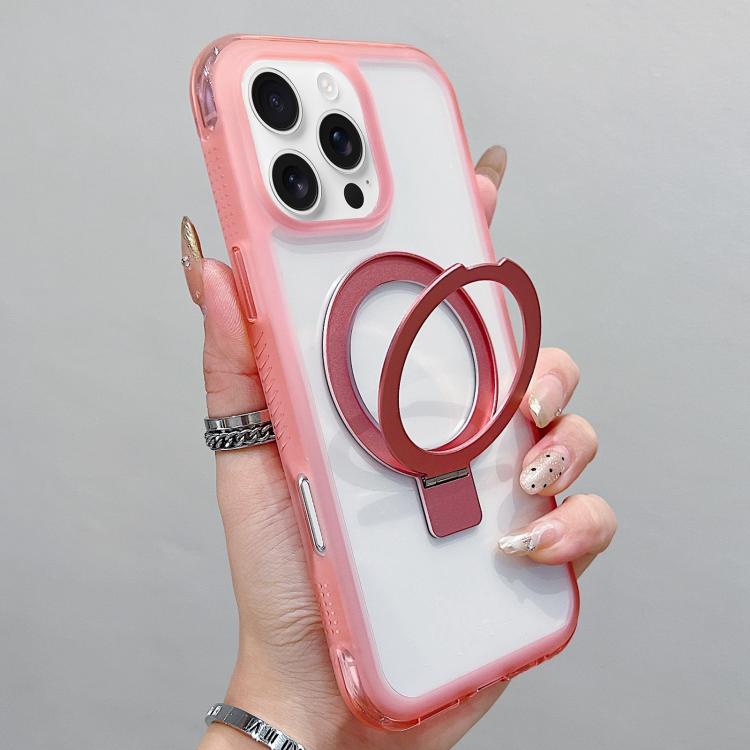 

For iPhone 16 Pro Translucent Edge Transparency Metal Holder MagSafe Phone Case(Pink)