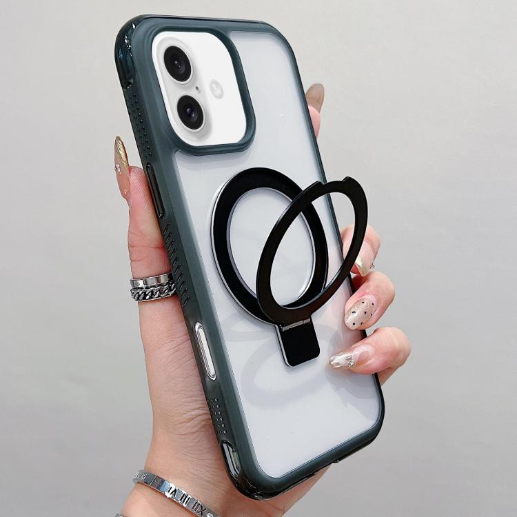 

For iPhone 16 Plus Translucent Edge Transparency Metal Holder MagSafe Phone Case(Black)