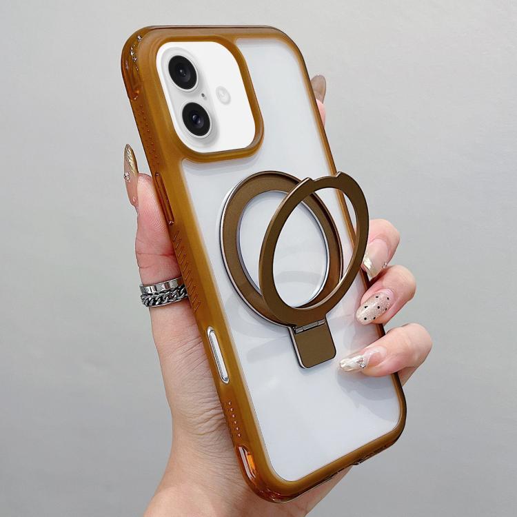 

For iPhone 16 Plus Translucent Edge Transparency Metal Holder MagSafe Phone Case(Coffee)