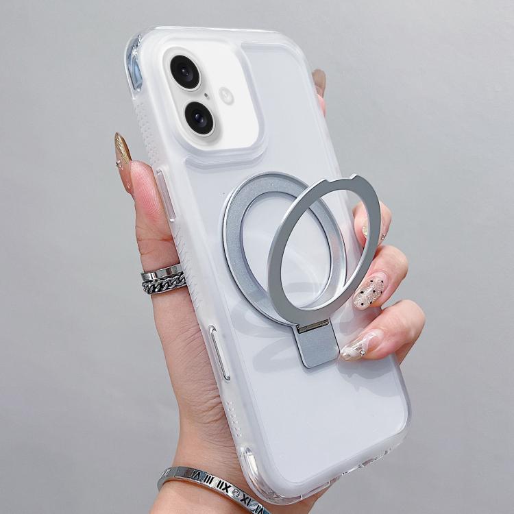 

For iPhone 16 Translucent Edge Transparency Metal Holder MagSafe Phone Case(White)