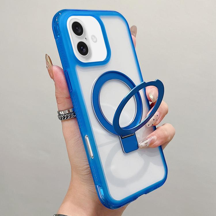 

For iPhone 16 Translucent Edge Transparency Metal Holder MagSafe Phone Case(Dark Blue)