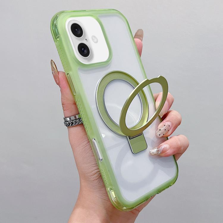 For iPhone 16 Translucent Edge Transparency Metal Holder MagSafe Phone Case(Matcha Green)