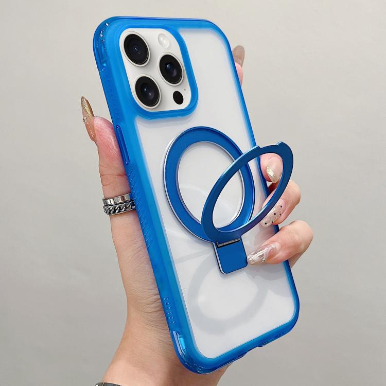 For iPhone 15 Pro Translucent Edge Transparency Metal Holder MagSafe Phone Case(Dark Blue)
