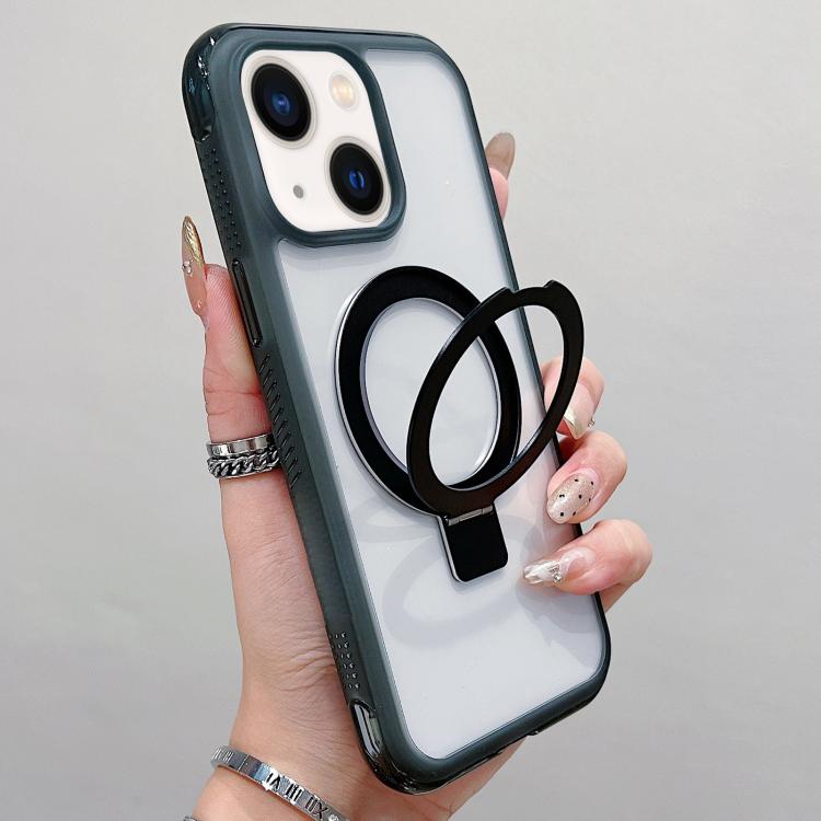 

For iPhone 14 Plus / 15 Plus Translucent Edge Transparency Metal Holder MagSafe Phone Case(Black)